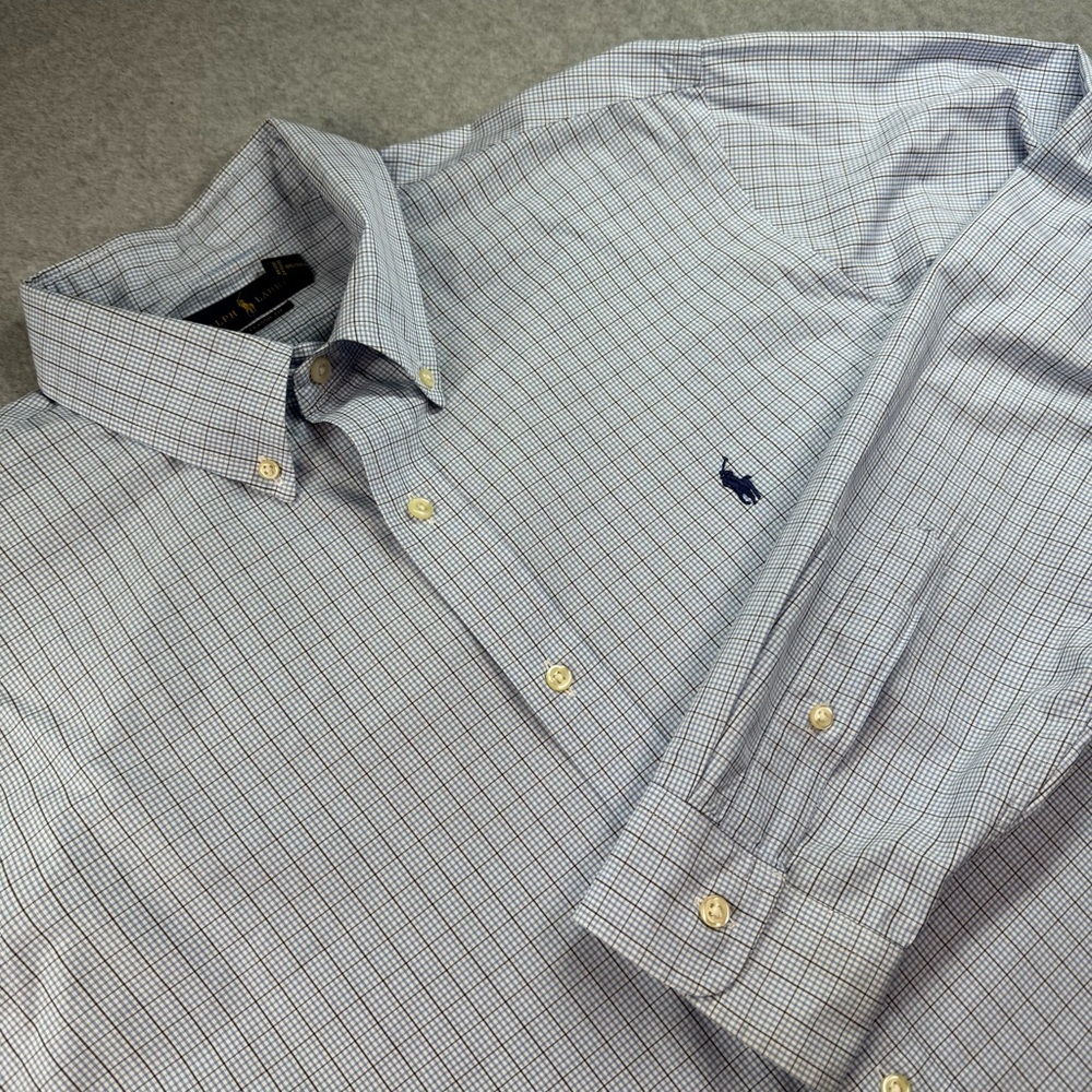 Ralph Lauren Classic Fit Micro Gingham Grid Patterned Oxford Blue White Brown XL